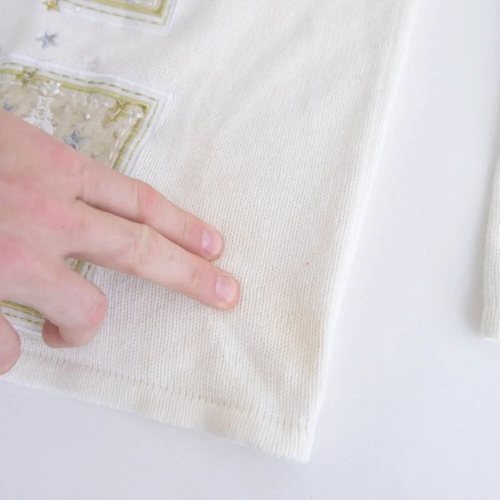 Vintage  Tiara Cream Ugly Christmas Beaded Reindeer Zip Up Cardigan Sweater XL - Picture 6 of 16